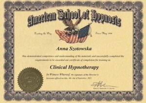 Certyfikat: Clinical Hypnotherapy – Anna Szotowska