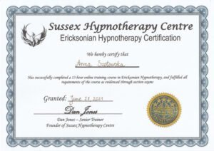 Certyfikat: Ericksonian Hypnotherapy – Anna Szotowska