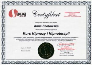Certyfikat: Kurs hipnozy i hipnoterapii – Anna Szotowska