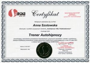 Certyfikat: Trener autohipnozy – Anna Szotowska