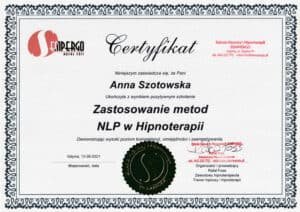 Certyfikat: Zastosowanie metod NLP w hipnoterapii – Anna Szotowska