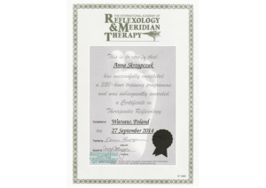 Certyfikat: Therapeutic Reflexology training program – Anna Szotowska