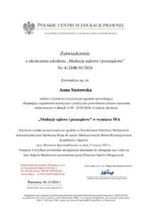 Certyfikat: Mediacje sądowe i pozasądowe – Anna Szotowska